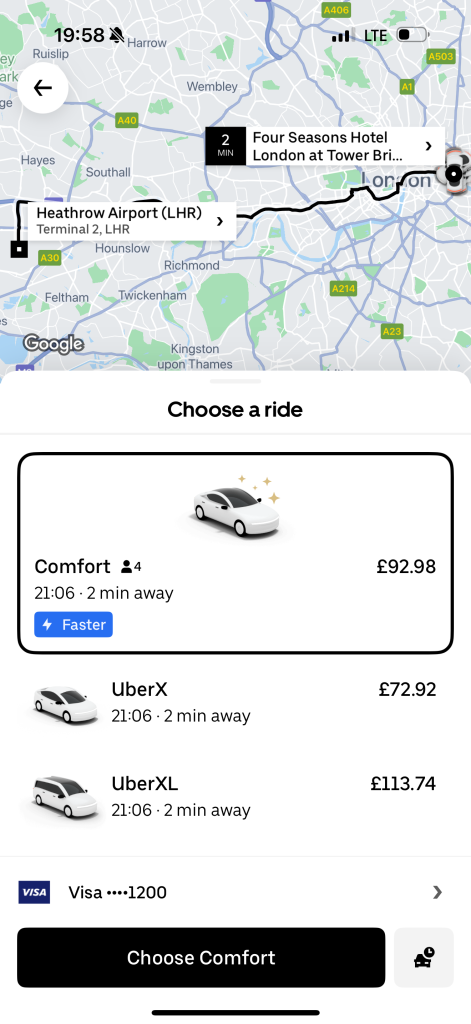 Selezione della classe nella schermata di prenotazione di Uber